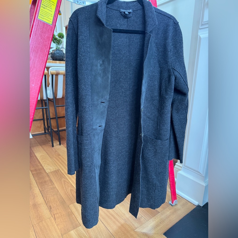 Eileen Fisher charcoal grey Women's wool and leather coat jacket sweater M